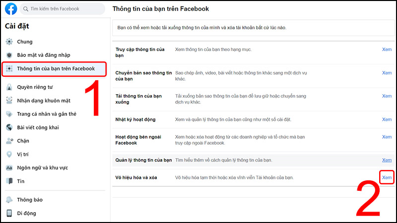 Tùy chọn vô hiệu hóa và xóa tài khoản Facebook